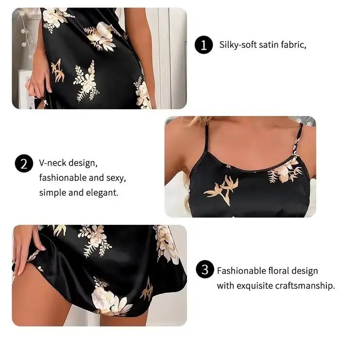 Chemise de nuit sexy à imprimé floral noir pour femmes
