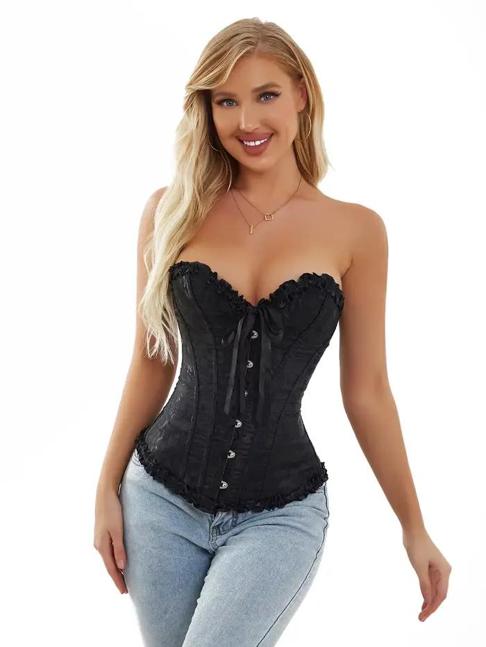 Femmes haut Corset Jacquard surbuste Bustier victorien Sexy à lacets Lingerie florale Korset Vintage gothique Basques Costume