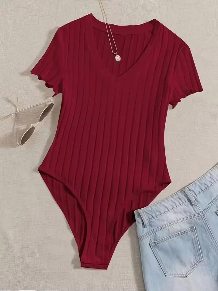 Combinaison en tricot côtelé chic pour femmes |   Haut à col en V et manches courtes |   Différentes couleurs disponibles pour l'été décontracté