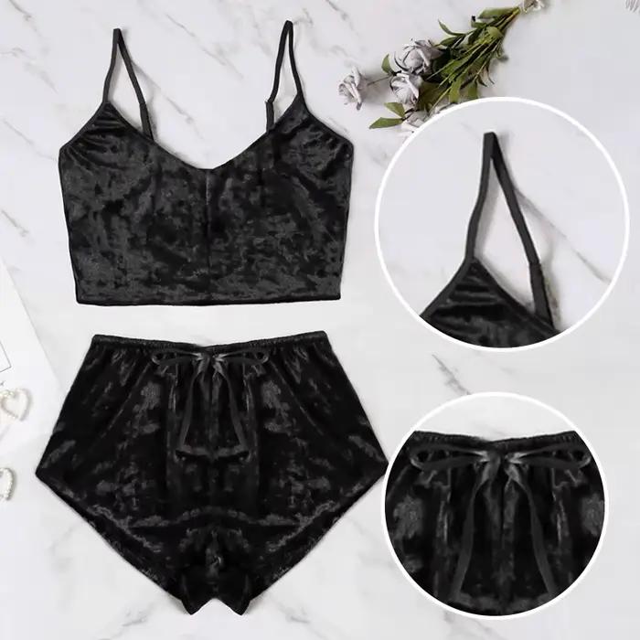 Ensemble de vêtements de nuit à bretelles Sexy pour femmes, ensemble deux pièces en velours noir et doré, ensemble de vêtements de nuit pour la maison