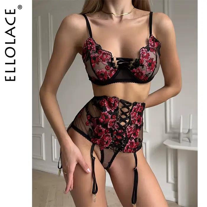 Ellolace Lingerie sensuelle Sexy broderie pansement Breves ensembles jarretières slips luxe 3 pièces Whuta chaud érotique sous-vêtements délicats