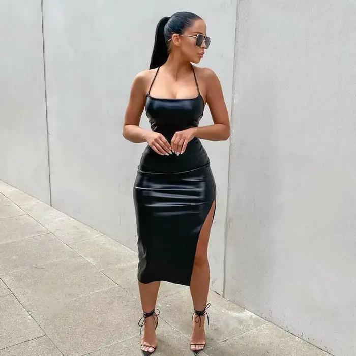 Femmes Sexy jarretelle mi-longue robe moulante mode couleur unie en cuir pansement dos nu maigre robe fendue pour femme Mujer