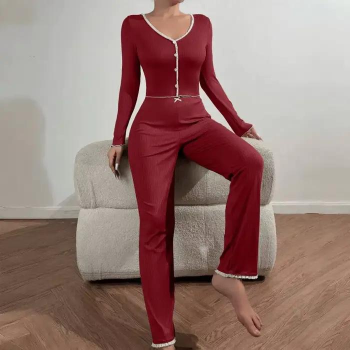 2 pièces Pyjamas ensemble femmes automne hiver vêtements de nuit manches longues t-shirts hauts pantalon femme tricot