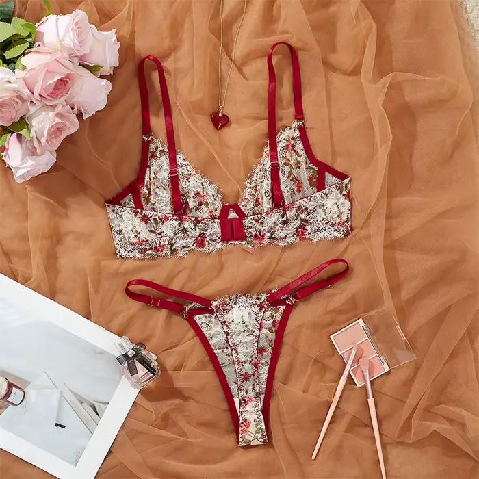 Ensemble de soutien-gorge en dentelle florale élégante avec bretelles rouges