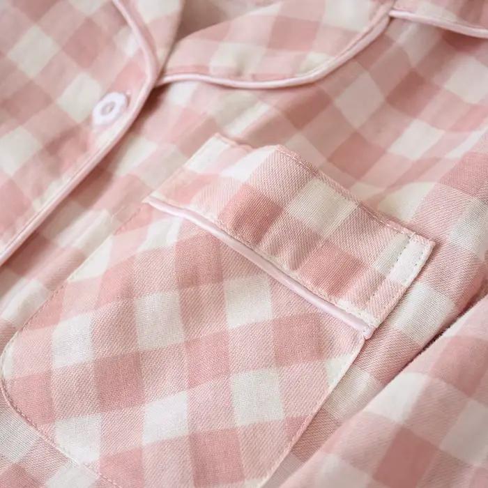 Ensemble pyjama pour femmes en coton pur, style japonais à carreaux, double couche de gaze, léger et respirant pour le printemps et les soirs frais