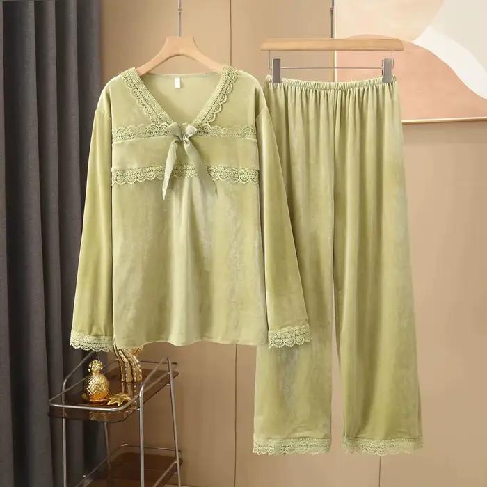 Sexy velours 2 pièces PJS ensemble vêtements de nuit féminins