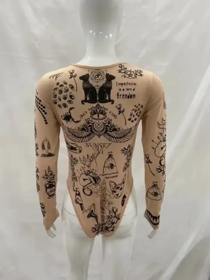 Body à manches longues imprimé tatouage nude pour femme, coupe ajustée Y2K