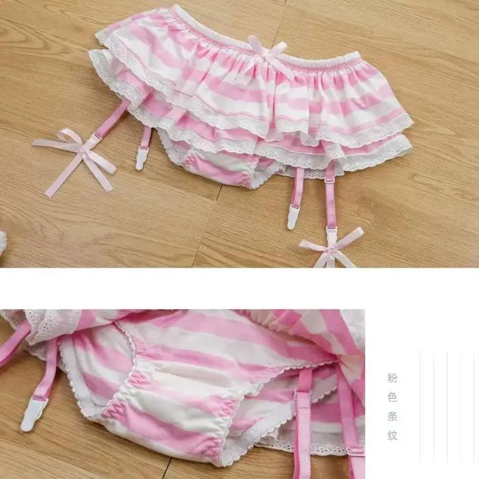 100% coton bleu rose et blanc rayure femmes fille jarretière culotte Mini jupe Anime Cosplay mignon