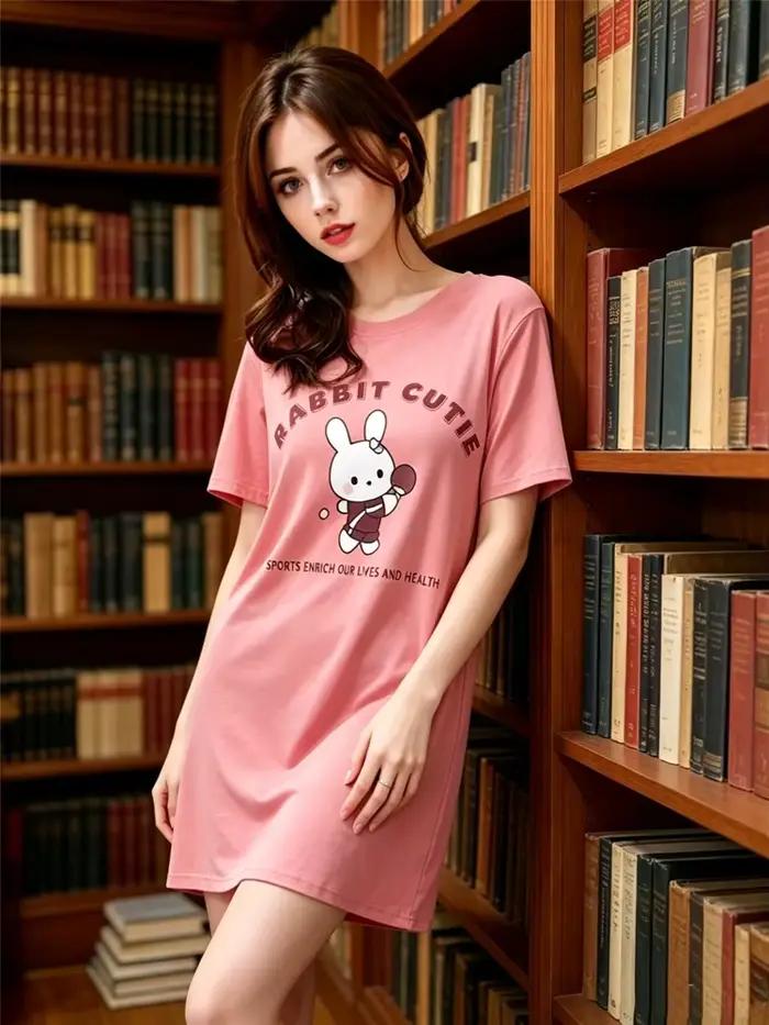 Chemise de nuit décontractée pour femme, douce et mignonne, motif lapin, pour toutes les saisons (printemps et été), vêtement décontracté pour la maison