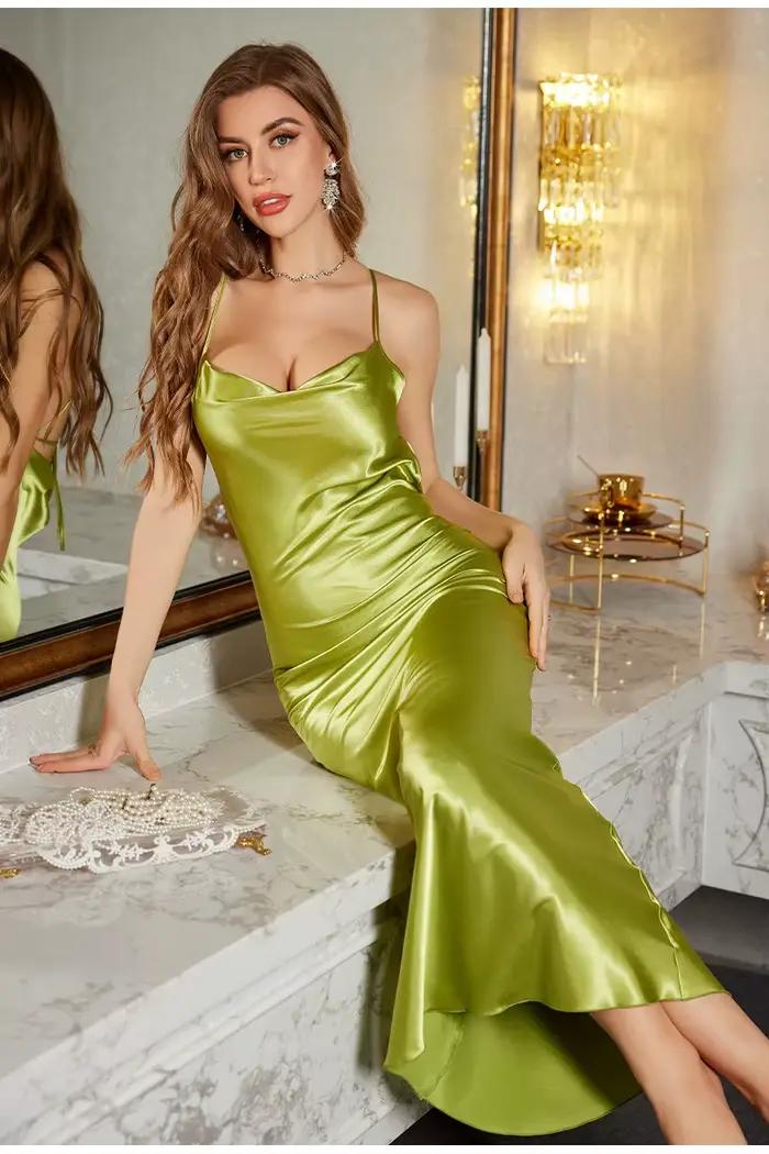 Robe de nuit longue et sexy pour femmes, vêtements fins en polyester, dos nu, sans manches, pour maison et tenues de tous les jours