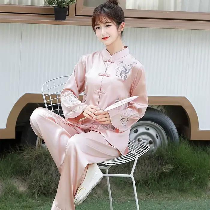 Pritning fleur chinois pyjamas ensemble de sommeil chemise pantalon col montant vêtements de nuit 2 pièces broderie