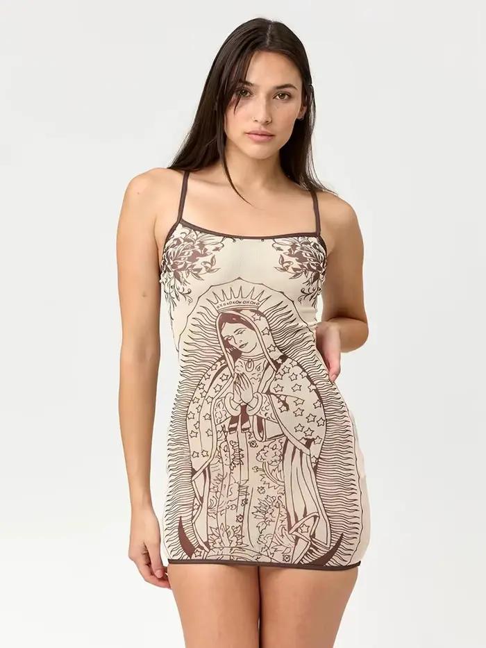 Kliou Sexy Voir À Travers Sling Robe Femme D'été Tendance Art Imprimer Col Bas Dos Nu Sans Manches Skinny Pêche Fesses Mini Moulante