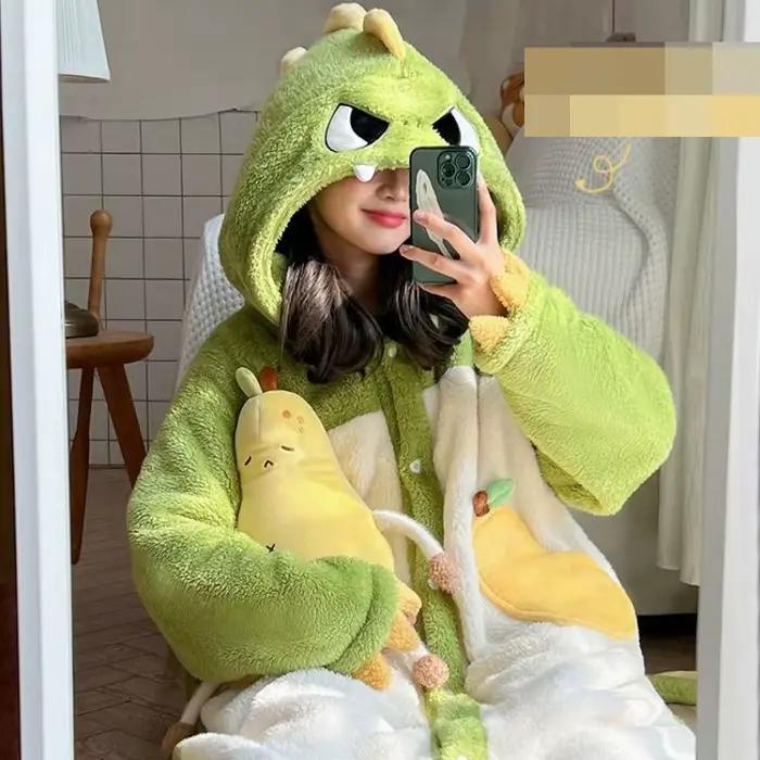 Hiver épais chaud femmes chemise de nuit corail polaire dessin animé vêtements de nuit manches longues flanelle chemise de nuit peignoirs à capuche en peluche Homewear