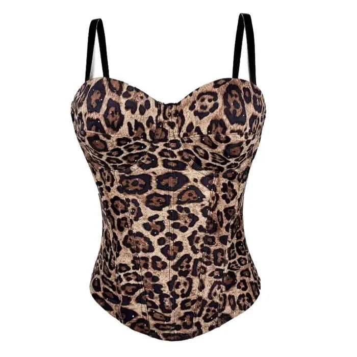 Sexy Crop Top Bustier Imprimé Léopard avec Pierres Thermocollées pour Femme, Idéal Soirées et Événements