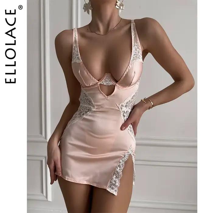 Ellolace Sexy col en V profond robe en Satin Lingerie
