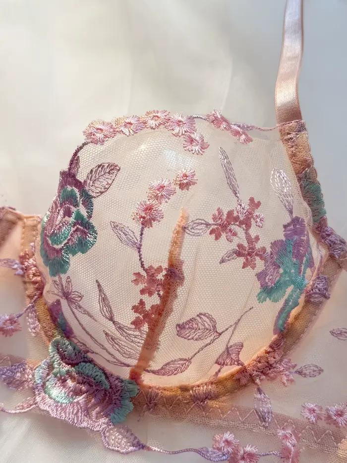 Ensemble soutien-gorge et culotte en dentelle rose pastel avec armatures en acier, pour femmes, motifs floraux, usage quotidien et occasions spéciales