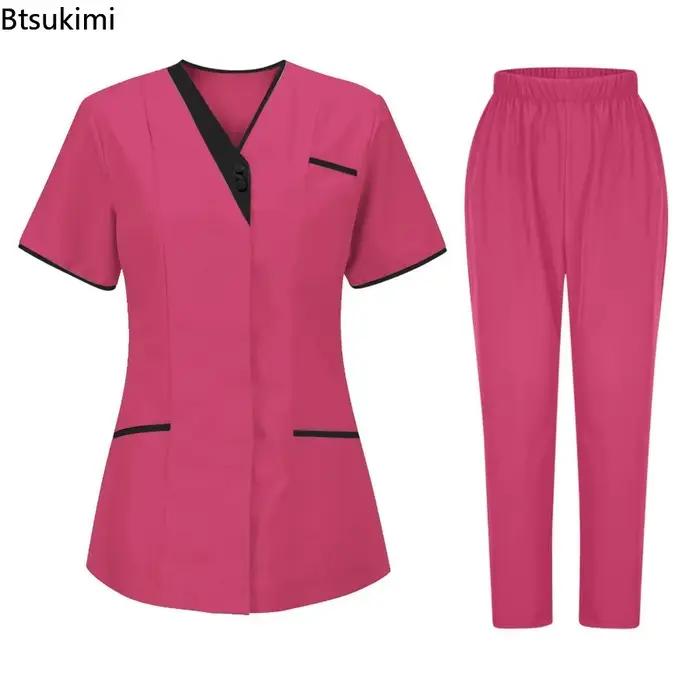 Nouveaux ensembles infirmiers 2026 – T-shirt d'été pour femme à col en V et boutons – Uniforme de travail pour infirmière – T-shirt médical pour hôpital et médecin