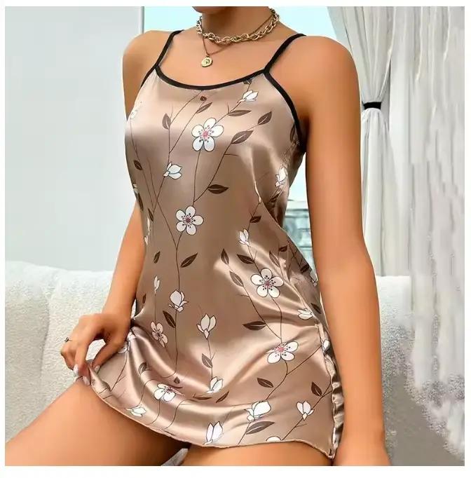 Chemise de nuit sexy en satin pour femmes, vêtements de nuit, lingerie, imprimé floral, mini robe