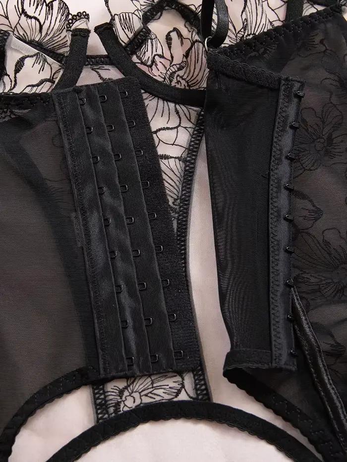 Ensemble de lingerie érotique Belamimi brodé floral transparent