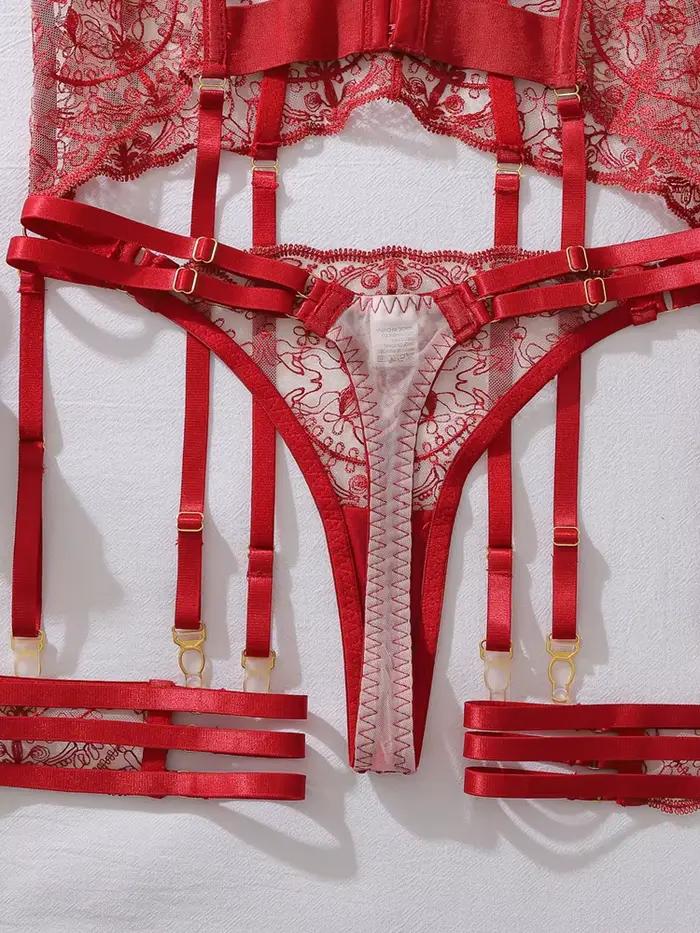 Ensemble soutien-gorge et jarretière en dentelle transparente sexy pour femmes, lingerie de nuit érotique et élégante pour occasions spéciales