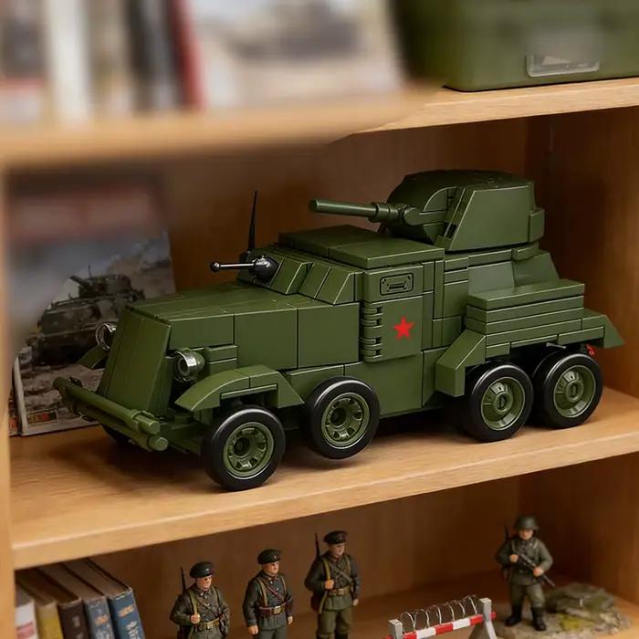 Blocs de construction de véhicules blindés lourds rétro BA-10, échelle 1:35, briques MOC, modèle d'exposition, cadeau pour adolescents et fans militaires