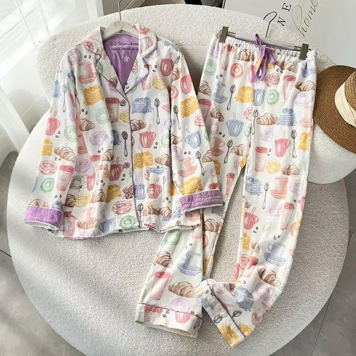 Femme confortable coton pyjamas ensemble vêtements de détente 2 pièces dessin animé à manches longues pantalon costumes