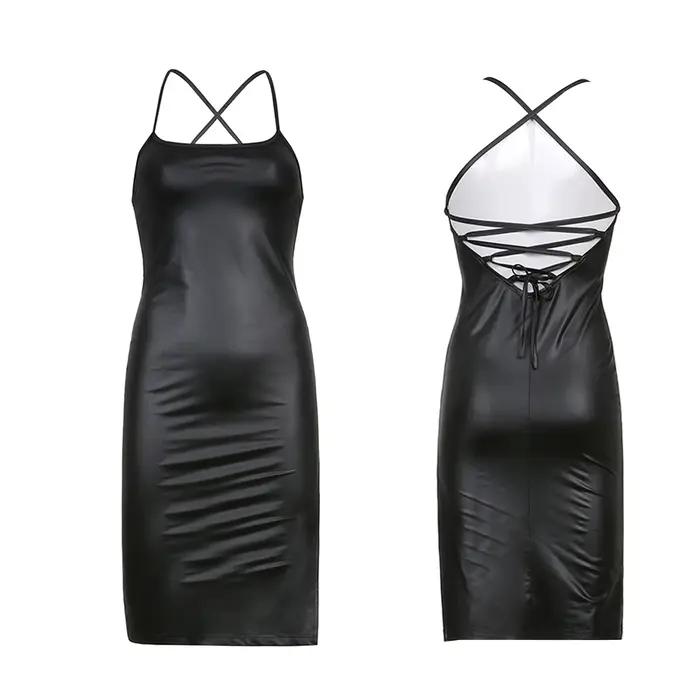 Femmes Sexy jarretelle mi-longue robe moulante mode couleur unie en cuir pansement dos nu maigre robe fendue pour femme Mujer