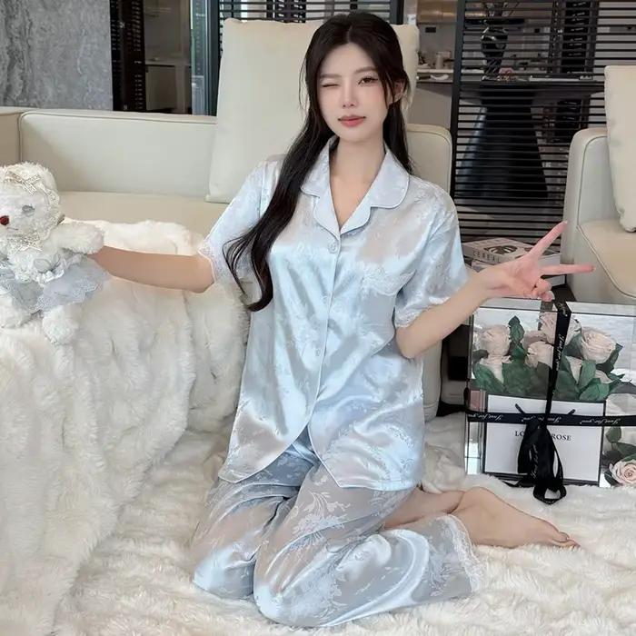 Nouvel ensemble de pyjama d'été en jacquard de soie glacée haut de gamme pour femme