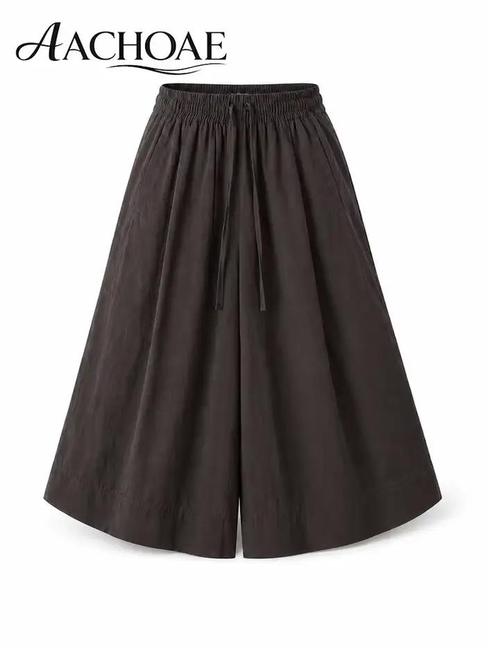 Pantalon Culotte Ample Femme Taille Haute Coupe Palazzo Longueur Midi Décontracté Été avec Poches