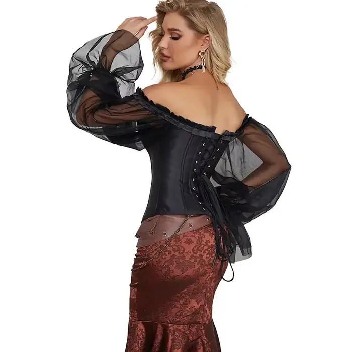 Femmes hors épaule haut Corset gothique Sexy surbuste Corsets gaine amincissante noir transparent à manches longues Bustier hauts Korset Basques