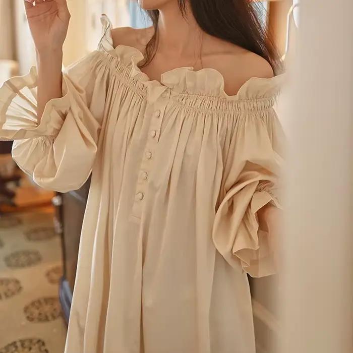 Fée française rétro longue chemise de nuit 100% coton style court tempérament vêtements