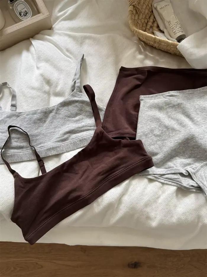 Ensemble de lingerie vintage en coton pour femme : soutien-gorge sans couture à bretelles ajustables + culotte boxer taille basse, couleur unie, simple, haute élasticité