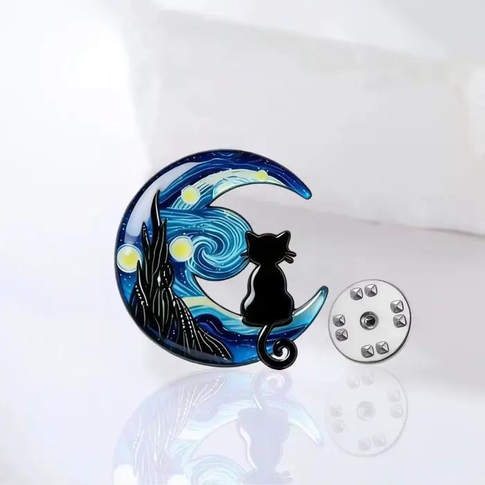 Broche Van Gogh La Nuit étoilée, étoile, lune et chat noir, broches asymétriques ciel nocturne pour femme, bijoux d'anniversaire