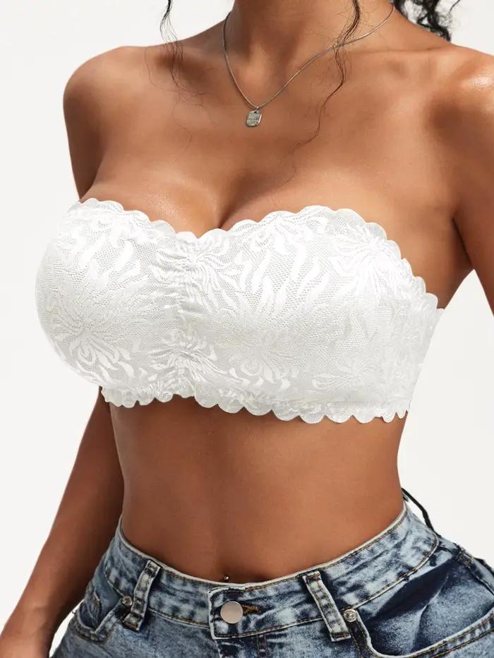 Soutien-gorge bandeau en dentelle à épaules dénudées pour femme, à volants floraux, sans armatures, avec coussinets amovibles, effet liftant anti-affaissement, pour usage quotidien décontracté