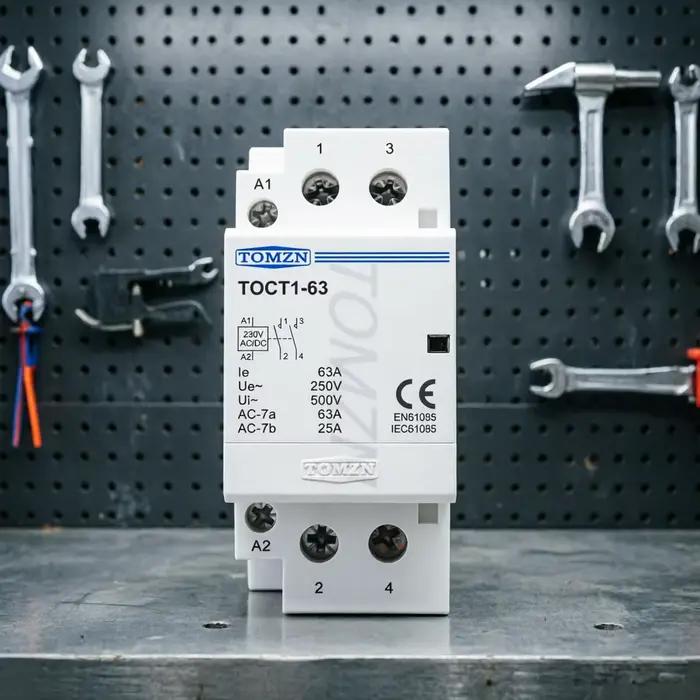 Contacteur monophasé sur rail DIN TOMZN 63A – Commande : AC/DC 24V/110V/230V, Principal : 230V AC, Contacts : 2NO2NC ou 1NO1NC