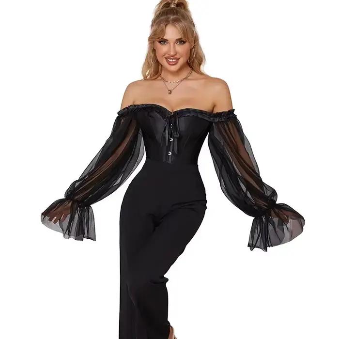 Femmes hors épaule haut Corset gothique Sexy surbuste Corsets gaine amincissante noir transparent à manches longues Bustier hauts Korset Basques