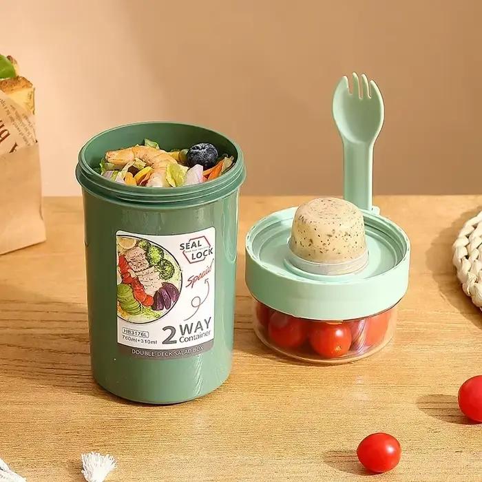 Boîte à bento pour salade, flocons d'avoine, petit-déjeuner, double compartiment pour céréales, noix, yaourt, avec support pour sauce et fourchette, pour la préparation des repas