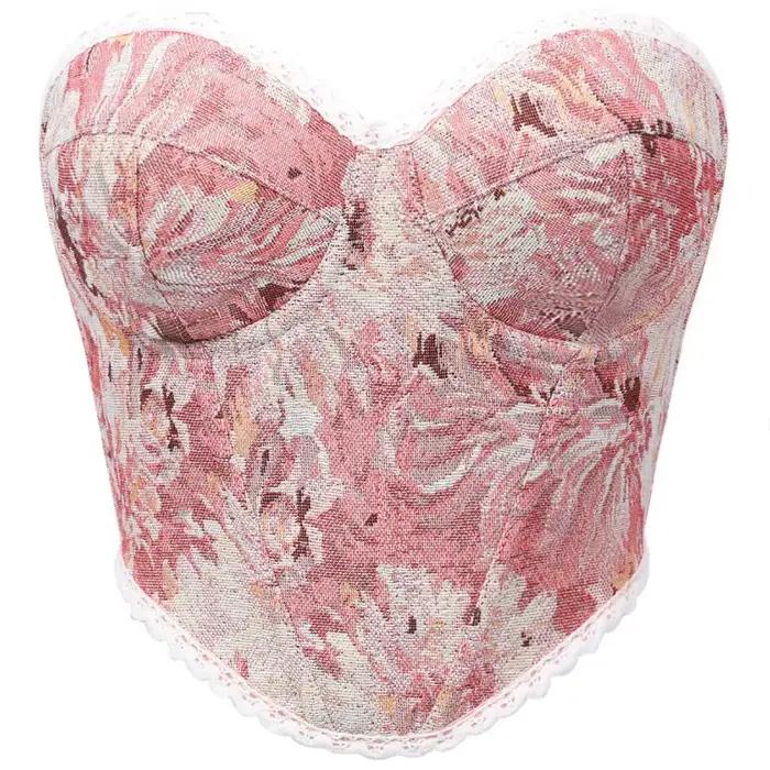 Corset bustier rose floral sans bretelles à col cœur pour femme