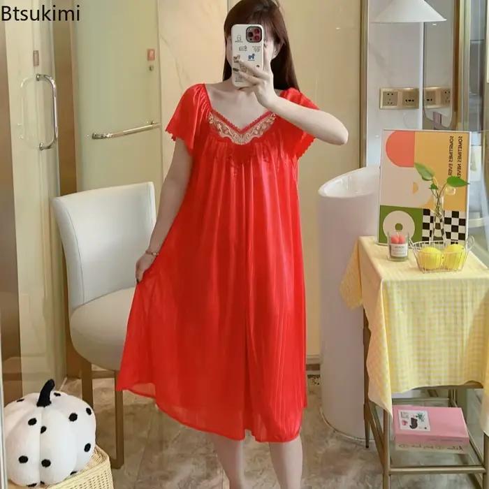 Chemises de nuit en soie glacée pour femmes robe de nuit longueur moyenne manches courtes vêtements de nuit sexy vêtements de maison pyjama pour dames occasions spéciales
