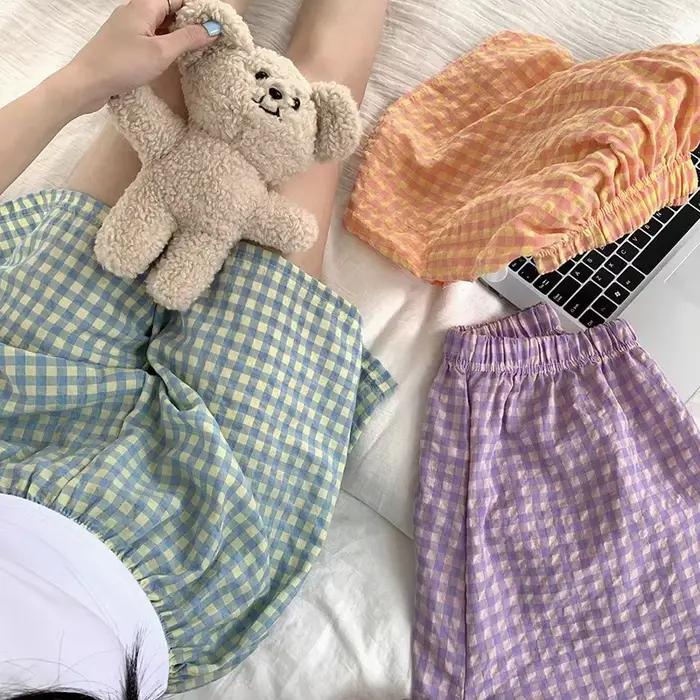 Pyjama en coton pour femmes, bas doux, imprimé à carreaux, ample, nouvelle collection été 2024