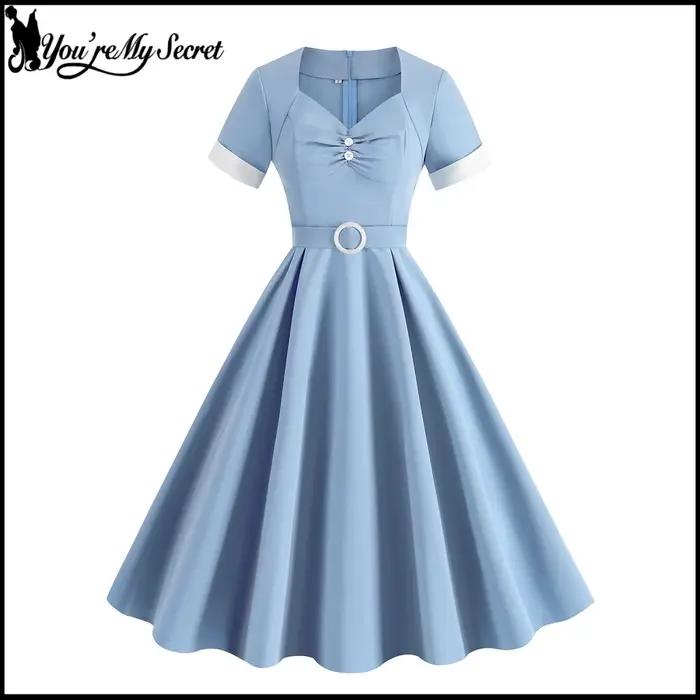 [You're My Secret] Robe vintage bleue pour femme des années 1950, style Hepburn, à manches courtes, coupe évasée, tenue décontractée pour les vacances, vêtements d'été 2026