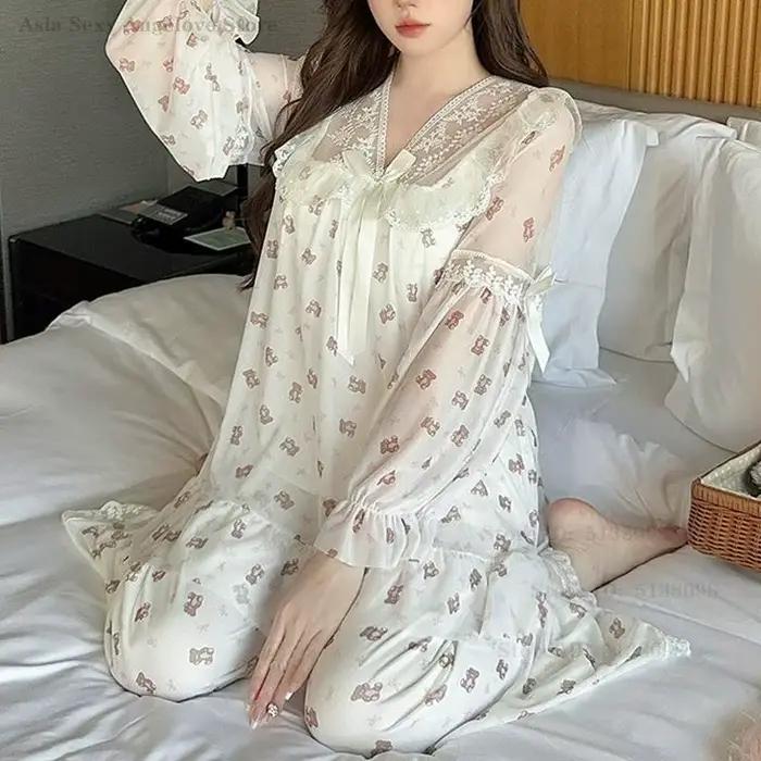 Nouveau doux maille pyjamas ensemble Sexy dentelle princesse Style vêtements de nuit décontracté imprimé