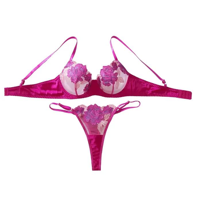 Rose rouge fleur broderie lingerie sexy voir à travers le soutien-gorge ultra-mince tasse rassemblement haut affichage