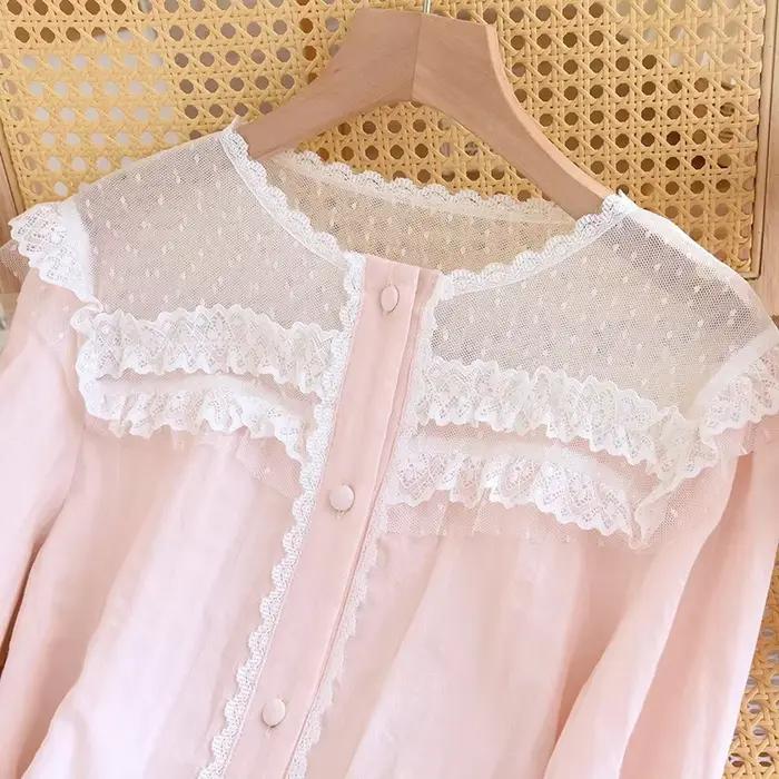 Pyjama en gaze de coton pur pour femmes, ensemble de vêtements de détente fins en dentelle douce et mignonne à manches longues, col rond, vêtements de nuit pour printemps, automne et hiver