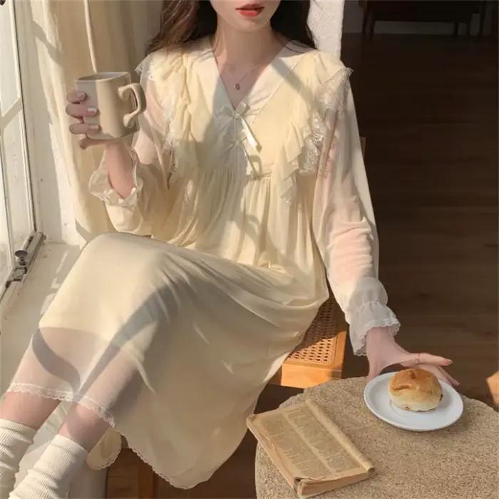 Princesse douce chemises de nuit femmes ample col en V à manches longues chemise
