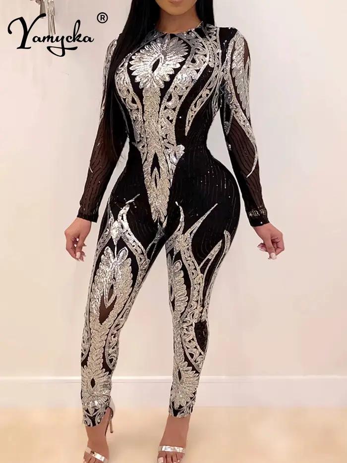 Sexy à manches longues Sequin moulante combinaison femmes corps Body une pièce fête d'anniversaire discothèque tenues