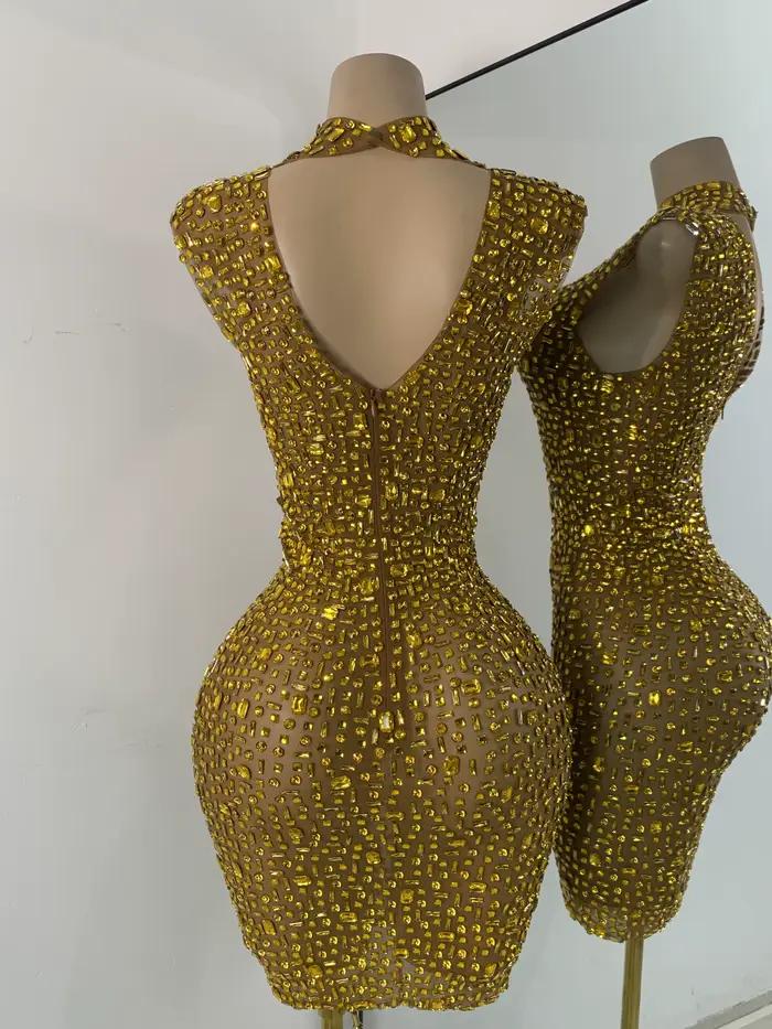 Robe courte de soirée dorée, diamants scintillants, luxe, maille élégante, transparente, vêtements de Cocktail, d'anniversaire, vêtements de spectacle en boîte de nuit