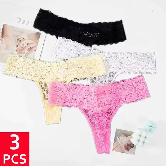 Lot de 3 Culottes Fines en Dentelle Florale pour Femme