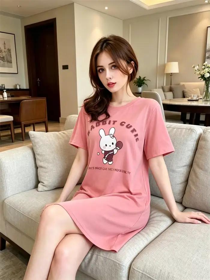 Chemise de nuit décontractée pour femme, douce et mignonne, motif lapin, pour toutes les saisons (printemps et été), vêtement décontracté pour la maison