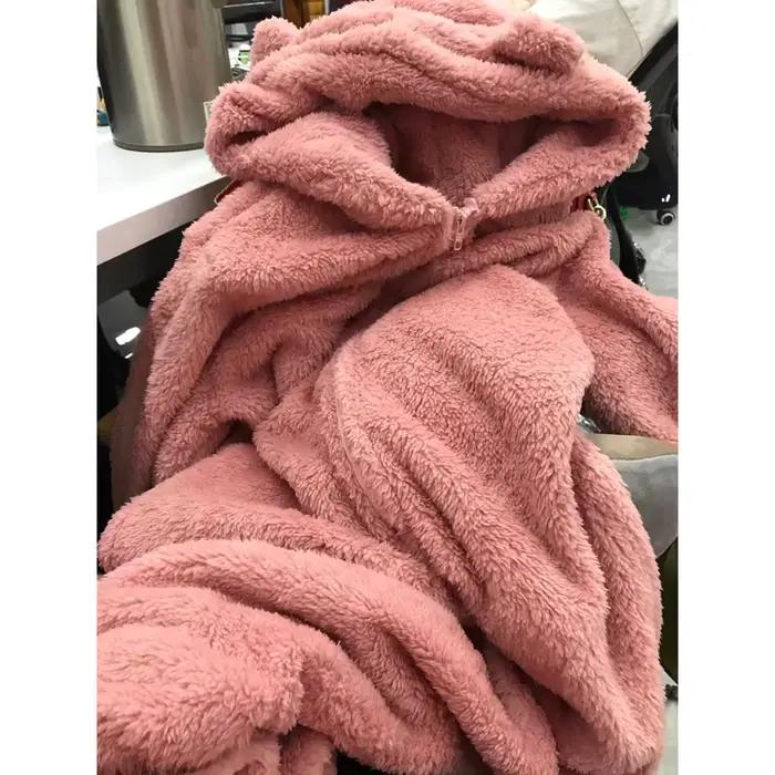 Femmes polaire Oneseies fermeture éclair à capuche Pyjamas barboteuses vêtements de nuit confortables